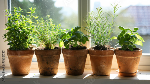 Assortment of Fresh Herbs in Terracotta Pots on Sunny Windowsill © Larysa