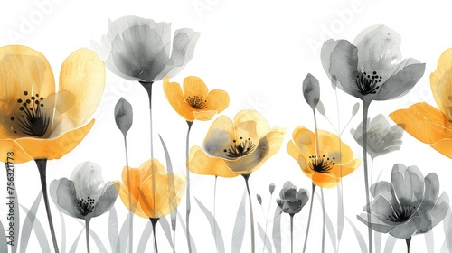 Monochrome and yellow watercolor poppy field