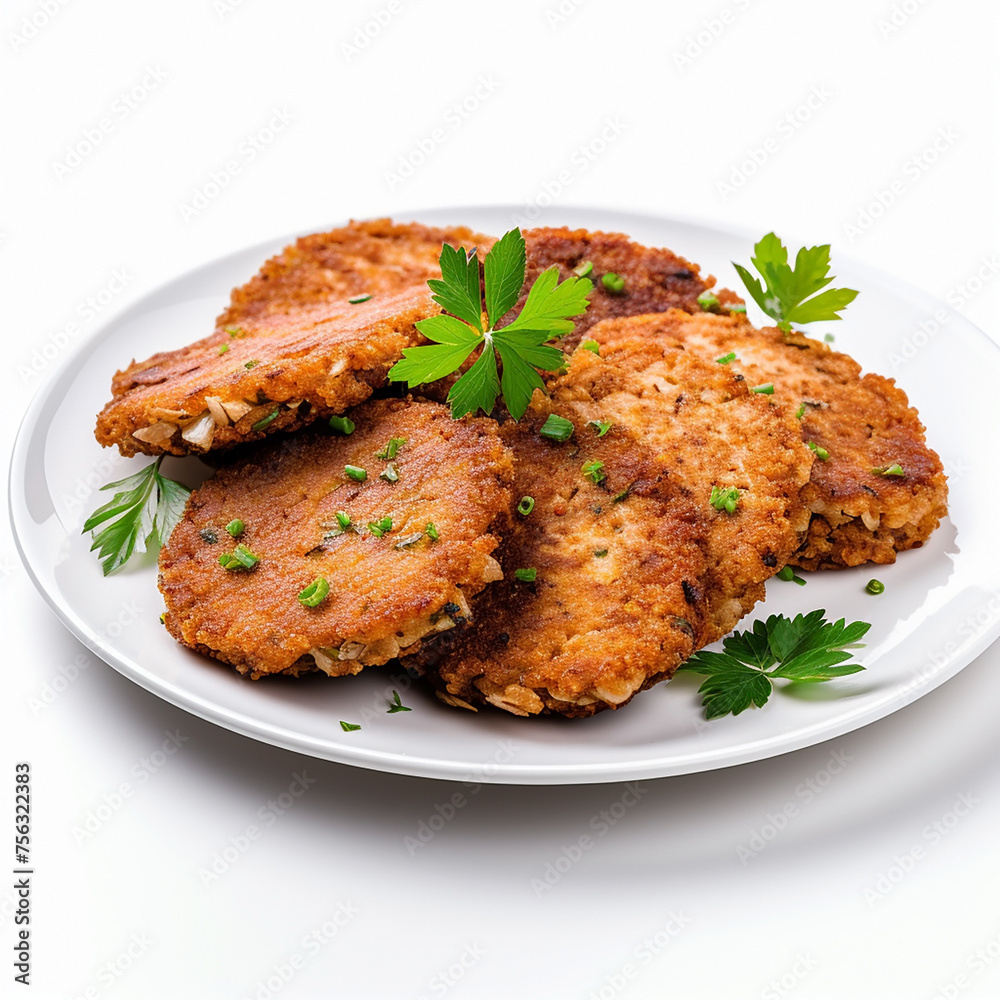 Round fried bulgur cutlets with leaves of green herbs on a plate on a white background Round fried bulgur cutlets with leaves of green herbs on a plate on a white background