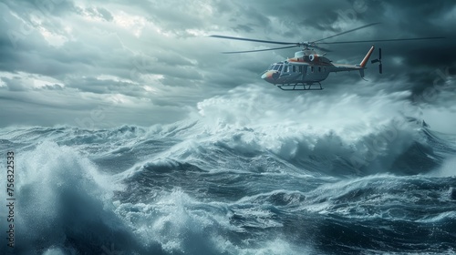 A dramatic scene of a rescue mission at sea, with crashing waves and a helicopter hovering above, ready to save the day.