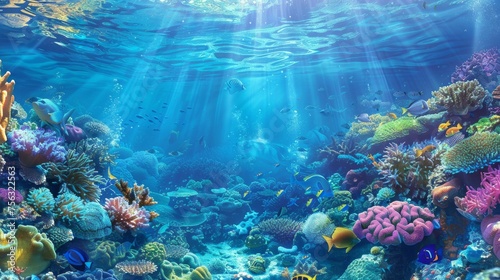 An underwater scene with coral reefs and exotic fishes