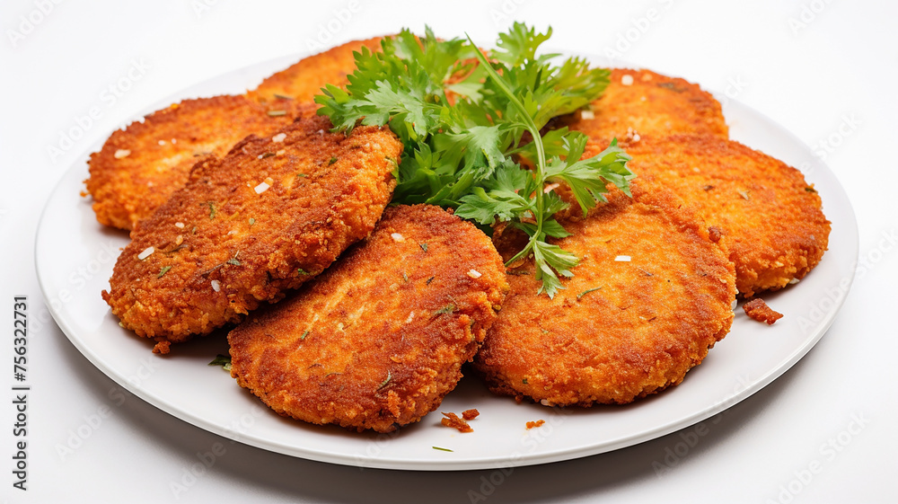 Round fried bulgur cutlets with leaves of green herbs on a plate on a white background