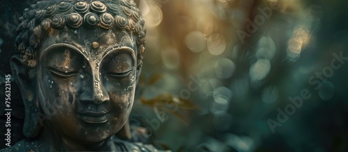 Big buddha statue with lotus flowers. Buddha silhouette, background beliefs of Buddhism
