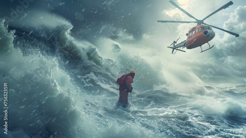A dramatic scene of a rescue mission at sea, with crashing waves and a helicopter hovering above, ready to save the day. © Suradet Rakha