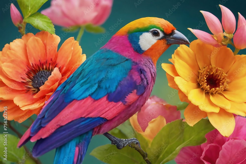 Obraz premium Colorful Flower Lover Bird. Ai generate 