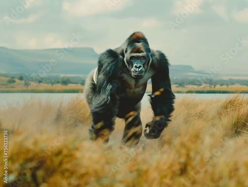A dominant male gorilla strides confidently through the grassy plains, with a serene landscape backdrop. photo