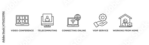 Remote working banner web icon vector illustration concept for working at home with icon of video conference, telecommuting, connecting online, voip, and working from home	