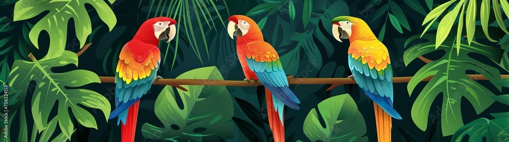 Obraz premium illustration of three colorful parrots in the jungle and bold colors, simple background