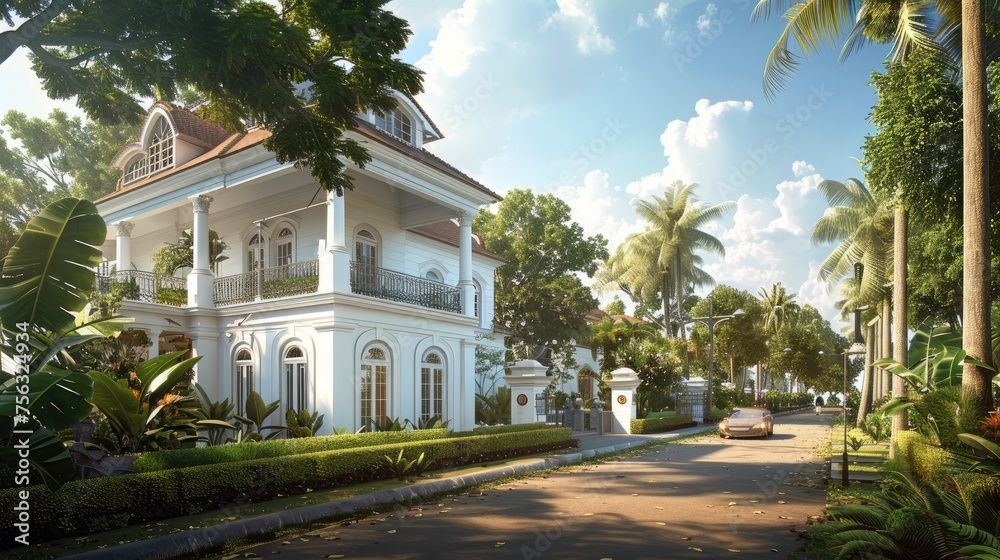 a serene white colonial house nestled within a peaceful neighborhood, capturing the charm of suburban tranquility.
