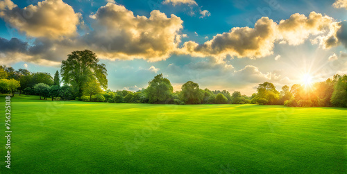 Fresh Springtime Lawn Under Sunny Sky