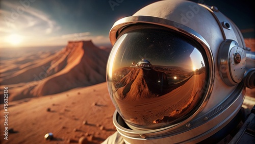 Astronaut overlooking mars landscape with red mountains