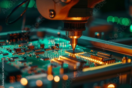 robotic arm is using an electric pick and place machine to place components on a circuit board in a factory for network chip production