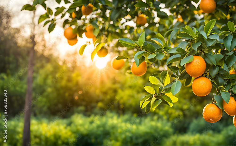 Abundant orange tree with ripe oranges in focus foreground, garden setting background - obrazy, fototapety, plakaty 