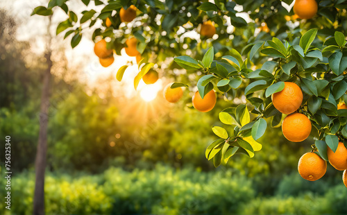Abundant orange tree with ripe oranges in focus foreground, garden setting background © karandaev
