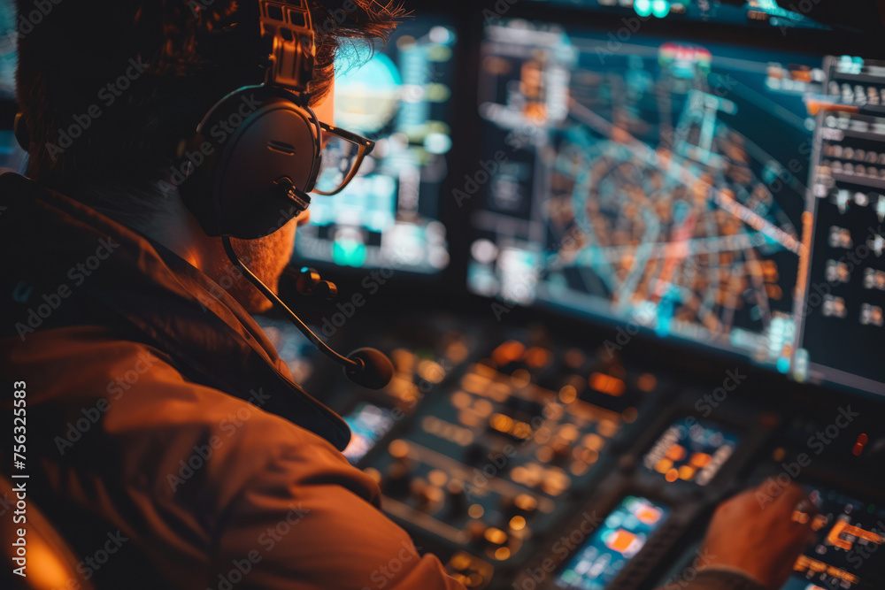 Air traffic controller is focused on navigation system displays ...