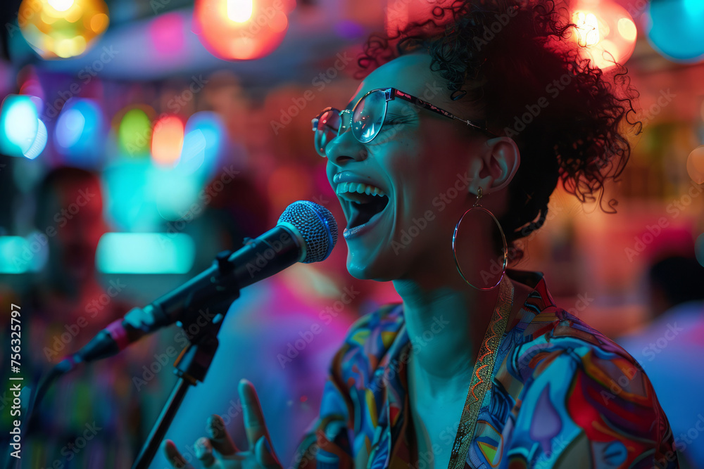 Woman performs song with microphone in illuminated with neon colors background. Female singing in karaoke bar in the night. Woman performs on stage at club Woman performs song with microphone in illuminated with neon colors background. Female singing in karaoke bar in the night. Woman performs on stage at club