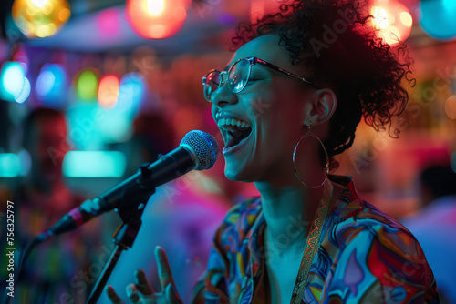 Woman performs song with microphone in illuminated with neon colors background. Female singing in karaoke bar in the night. Woman performs on stage at club