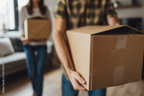 Couple is moving into a new apartment, Person carrying cardboard boxes to unpacking in empty living space