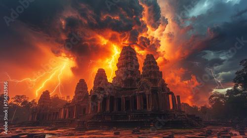 Dramatic thunderstorm and lightning over an ancient temple