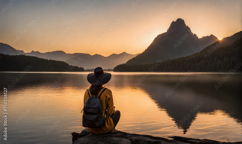 Elegant silhouette of a solo female traveler against a serene landscape, illuminated