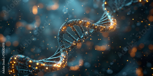 Bionanotechnology ,Innovative Blue DNA Illustration with Bokeh Lights for Genetic Medicine Generative AI ,Big dna strand genes dark blue photo