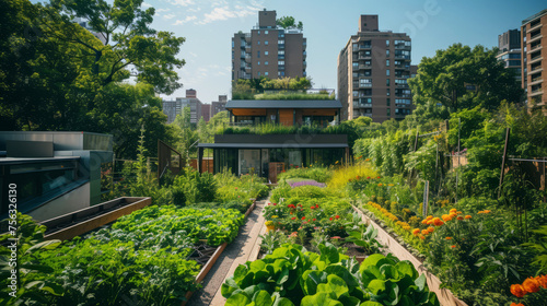 Sustainable urban garden in a city setting with diverse plants and modern architecture photo