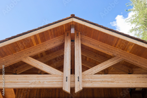 New wooden truss structure called palladian truss with beams and wooden roof