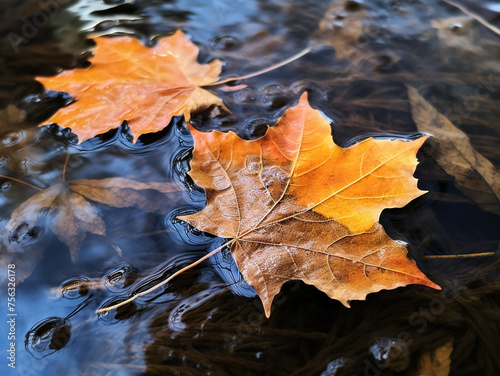 Dry yellow and orange autumn maple leaves float in clear water