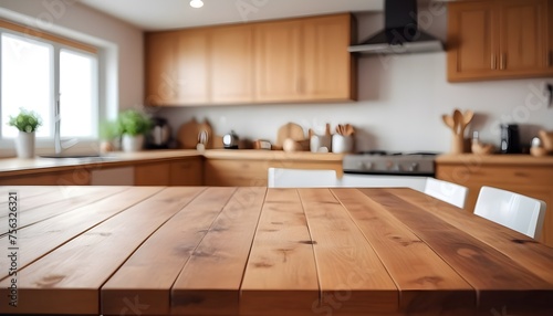 empty clean table in front of kitchen, modern interior design 