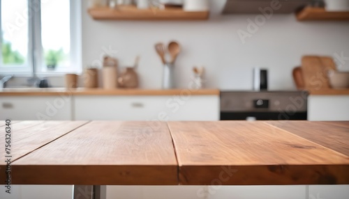 empty clean table in front of kitchen  modern interior design  