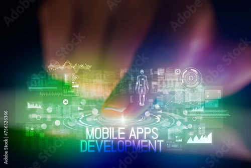 Finger touching tablet with web technology icons concept