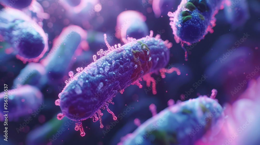 Microscopic view of glowing intestinal bacteria with probiotics concept Microscopic view of glowing intestinal bacteria with probiotics concept