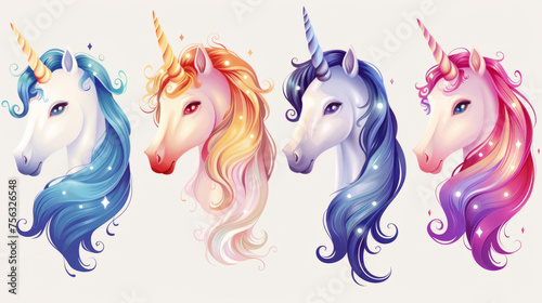Colorful unicorn illustrations depicting magical and whimsical creatures for fantasy designs