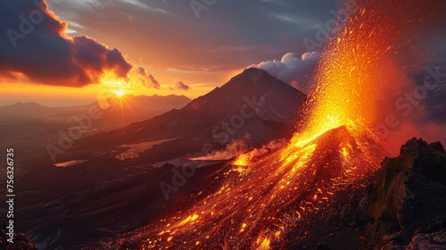 Spectacular volcanic eruption at sunset with fiery lava flows and ash clouds