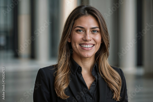 A Hispanic woman in a black shirt smiles warmly. photo