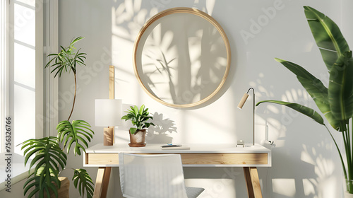 Round shape mockup photo frame wooden border, on study desk in modern living room, 3d render