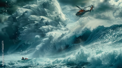 A dramatic scene of a rescue mission at sea, with crashing waves and a helicopter hovering above, ready to save the day.