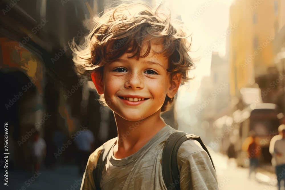 Cheerful Smiling boy posing on street. Cheerful little boy in casual urban outfit. Generate ai Cheerful Smiling boy posing on street. Cheerful little boy in casual urban outfit. Generate ai