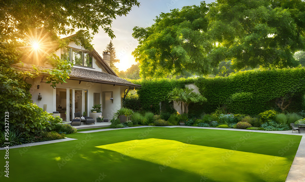 Wide green-trimmed lawn stretches across the backyard