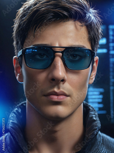 cyberpunk guy with data glasses blue lights