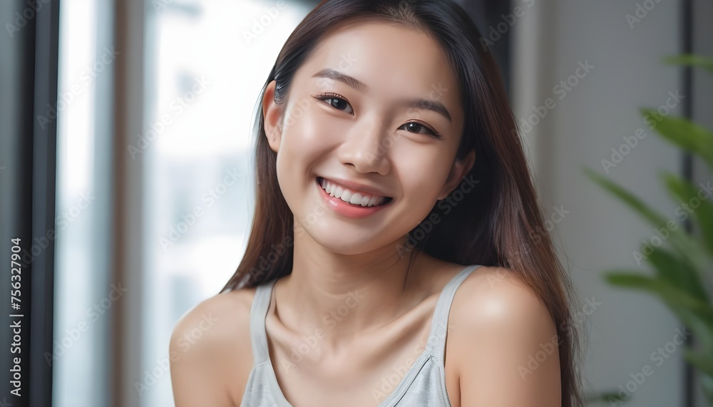 Portrait of a beautiful Asian Japanese, Korean young woman, girl. close-up. smiling. at home, indoor.