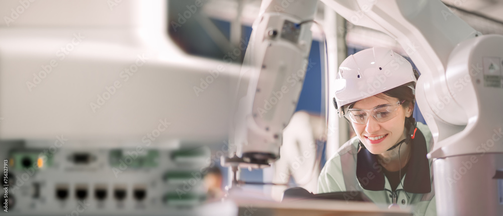 Naklejka premium Professional engineering, worker, woman Quality control, maintenance, check in factory, warehouse Workshop for factory operators, engineering..