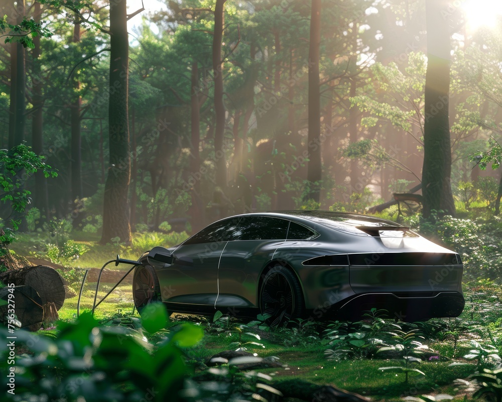 An electric car charges in a peaceful forest, illustrating the synergy between modern technology and environmental consciousness.