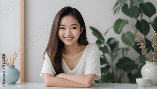 Portrait of a beautiful Asian Japanese, Korean young woman, girl. close-up. smiling. at home, indoor.