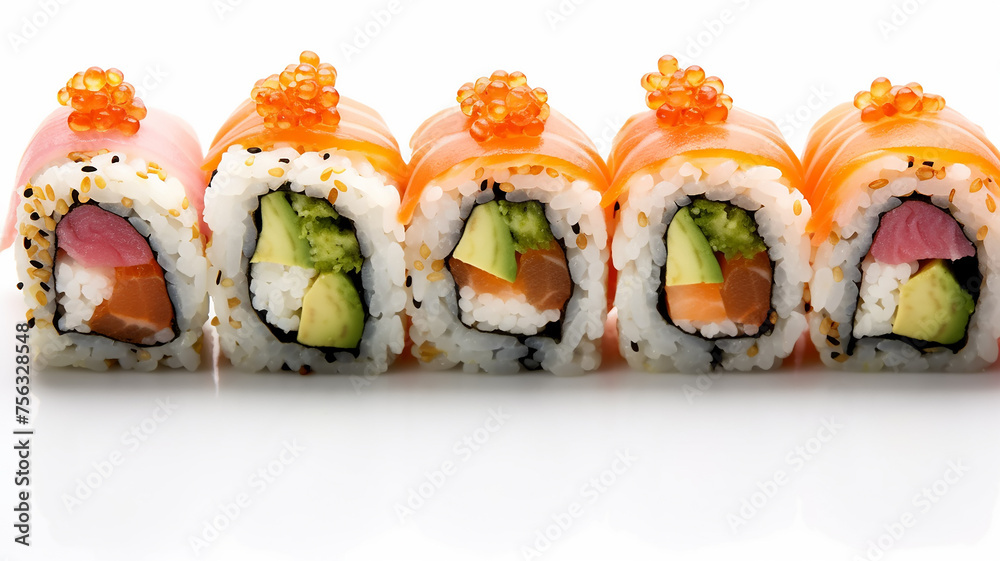 Delicious rolls with salmon, rice, traditional Asian seafood set on a white background Delicious rolls with salmon, rice, traditional Asian seafood set on a white background