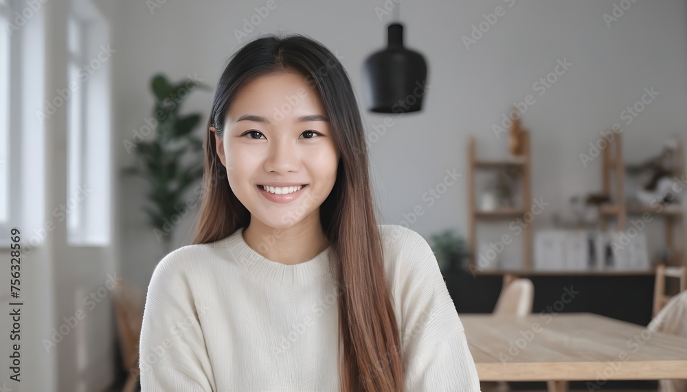 Portrait of a beautiful Asian Japanese, Korean young woman, girl. close-up. smiling. at home, indoor.