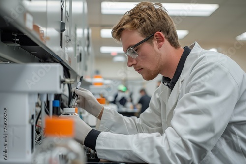 A young male scientist in a white coat meticulously adjusts lab equipment, showcasing precision and concentration.