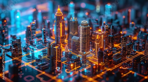 digital twin of city viewed from above, property icons displayed on important city buildings