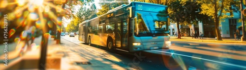 A modern electric bus moves through a bustling city street, bathed in the golden sunlight of a vibrant autumn morning.