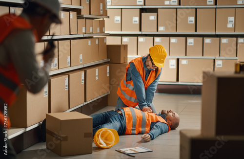 Worker performing CPR emergency procedure on an unconscious person